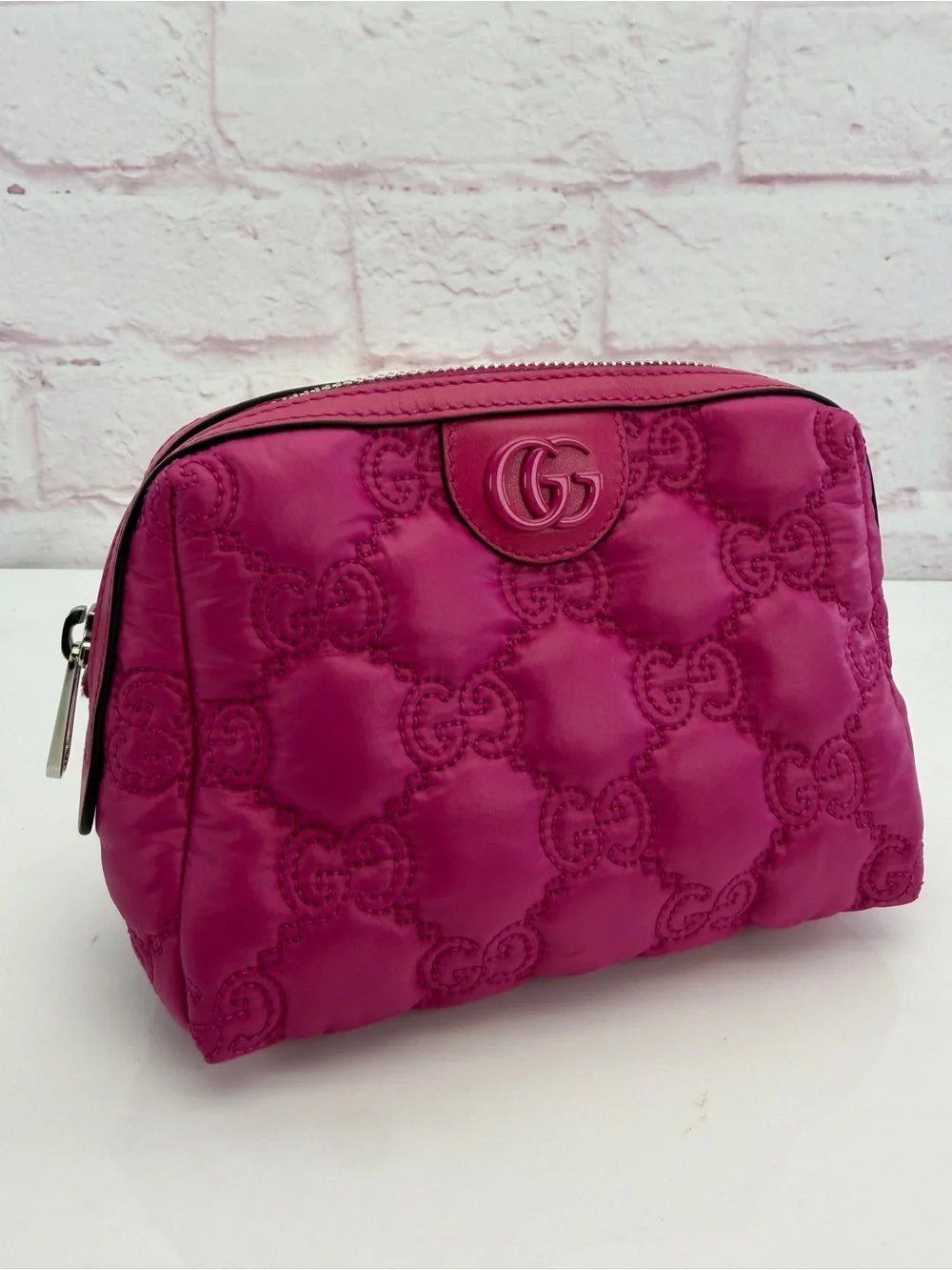 Gucci Nylon Calfskin Enamel GG Matelasse Beauty Case Pink